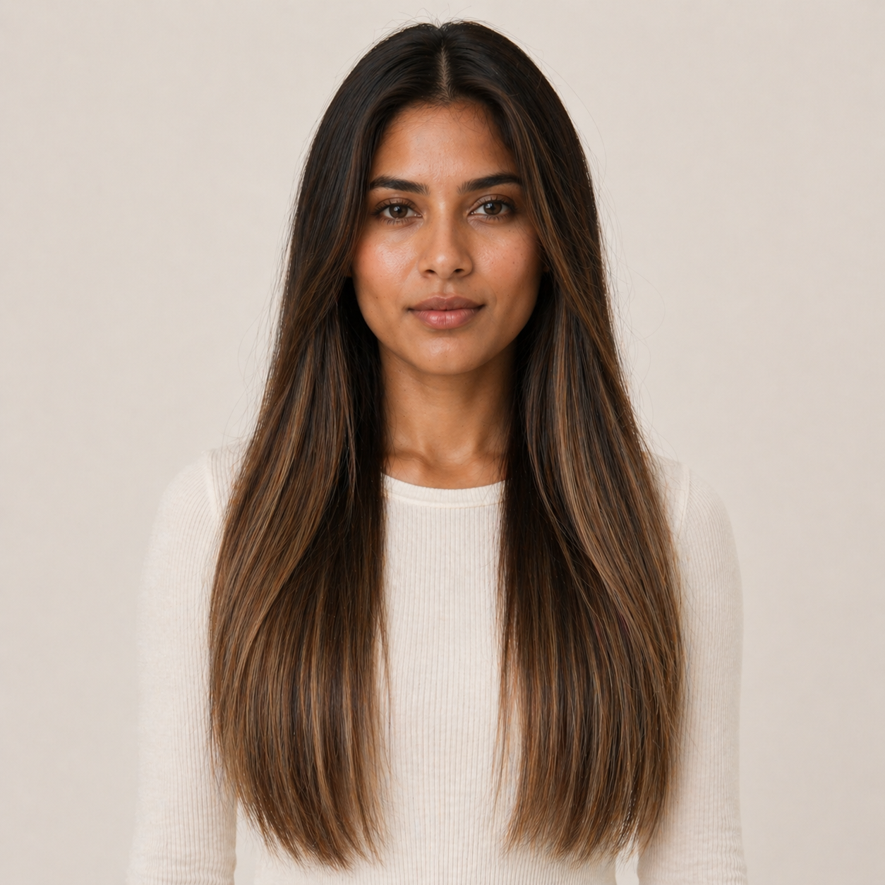 Model wearing Stessia butterfly weft hair extensions in shade #3/3T24 Balayage, front view