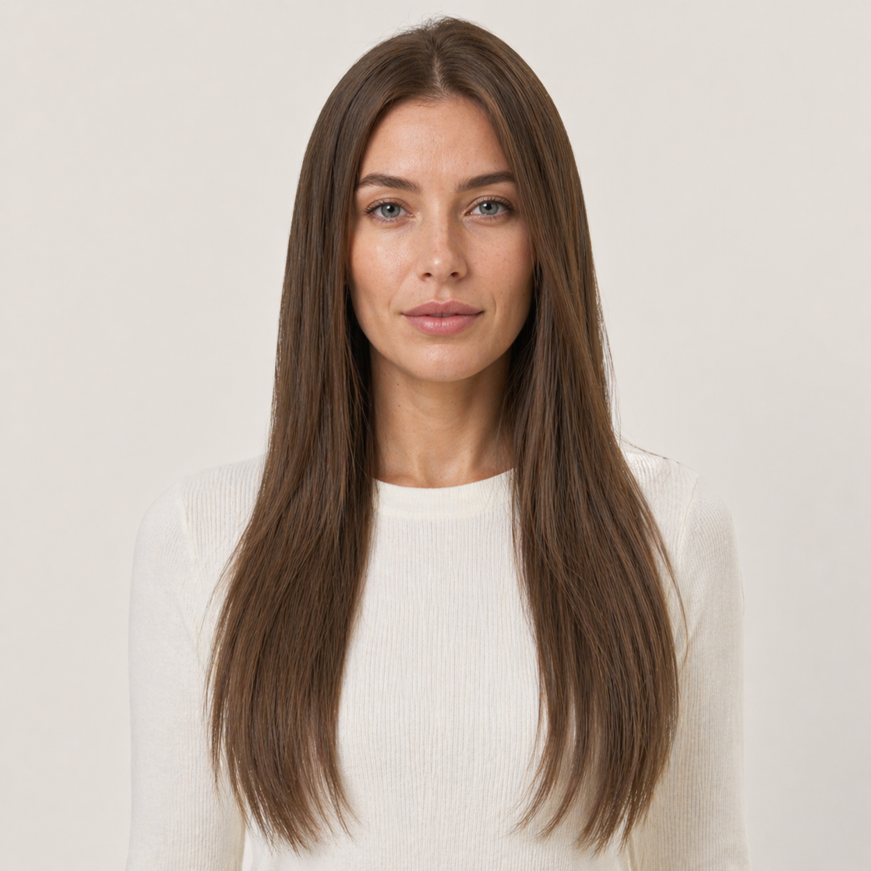 Model wearing Stessia butterfly weft hair extensions in shade #4 Medium Brown, front view