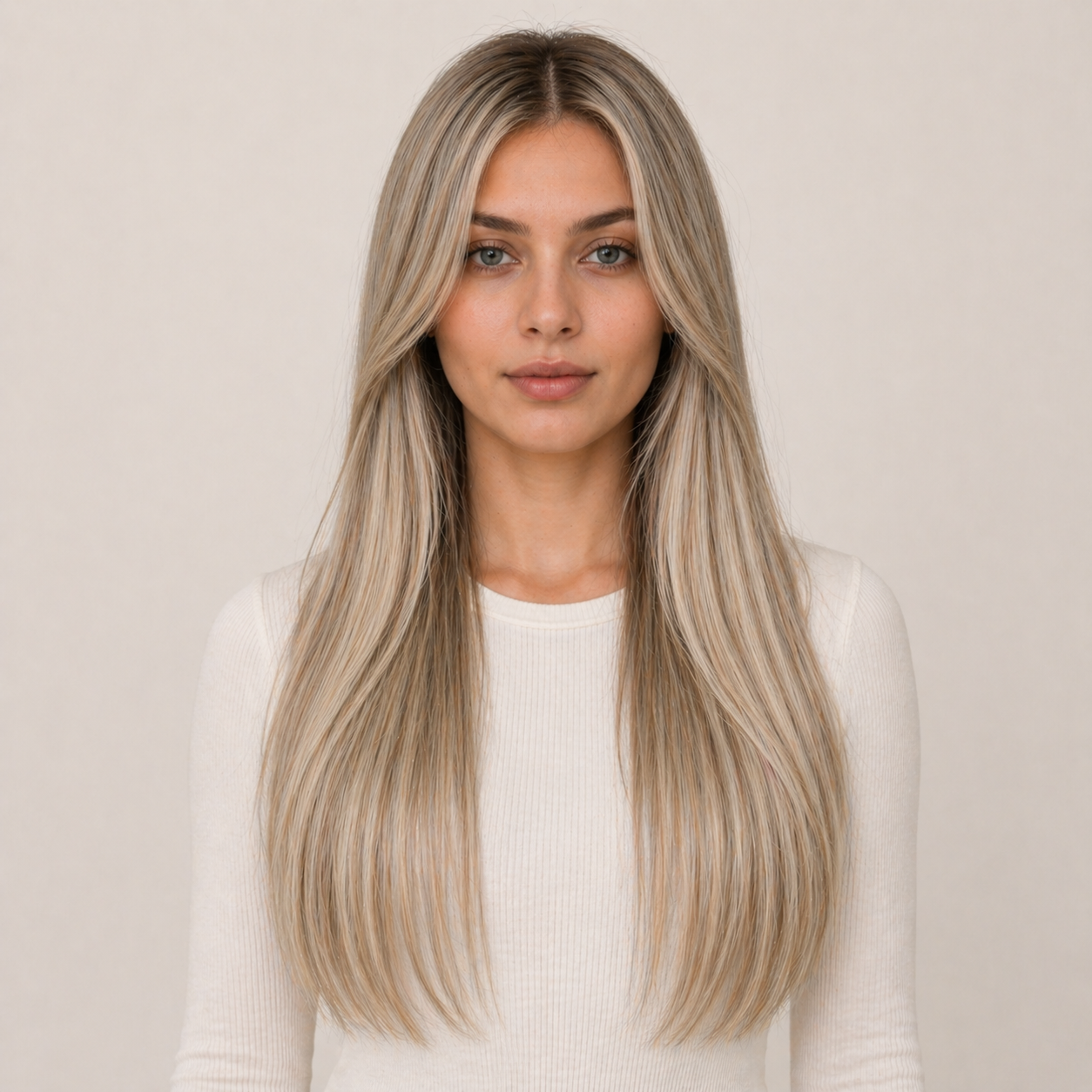 Model wearing Stessia butterfly weft hair extensions in shade #613/18A Highlights, front view