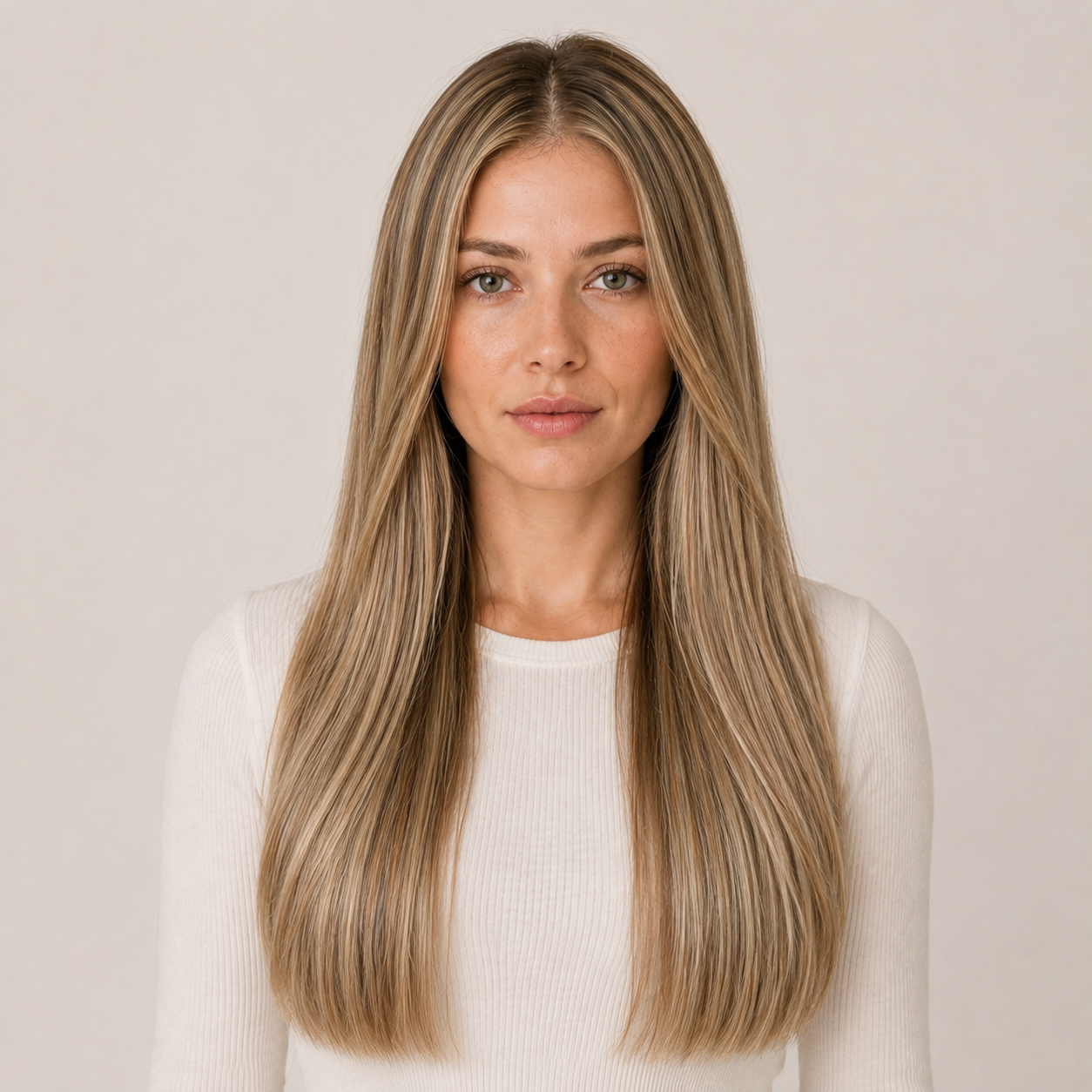 Model wearing Stessia butterfly weft hair extensions in shade #6/24 Highlights, front view