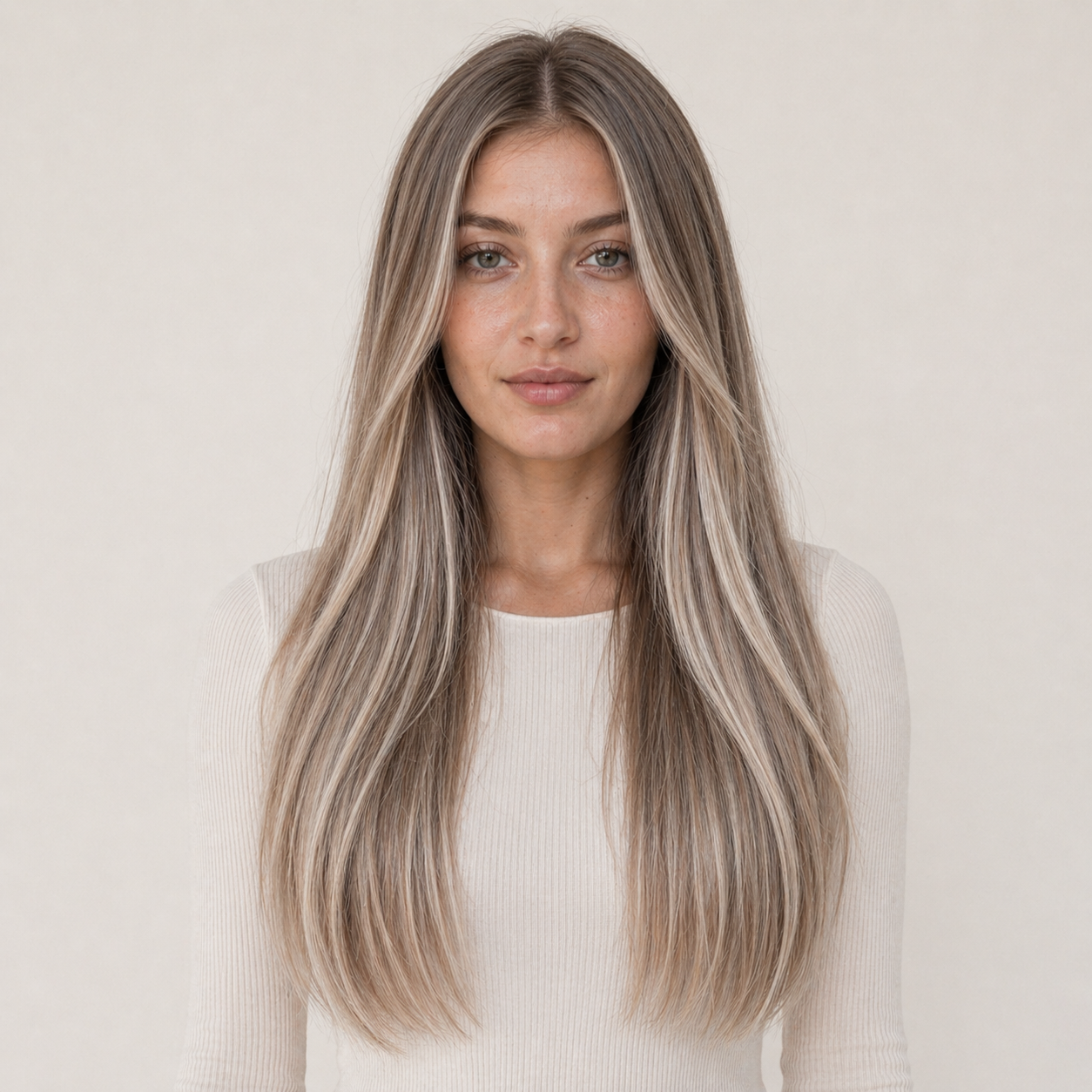 Model wearing Stessia butterfly weft hair extensions in shade #7A/613/18A Balayage, front view