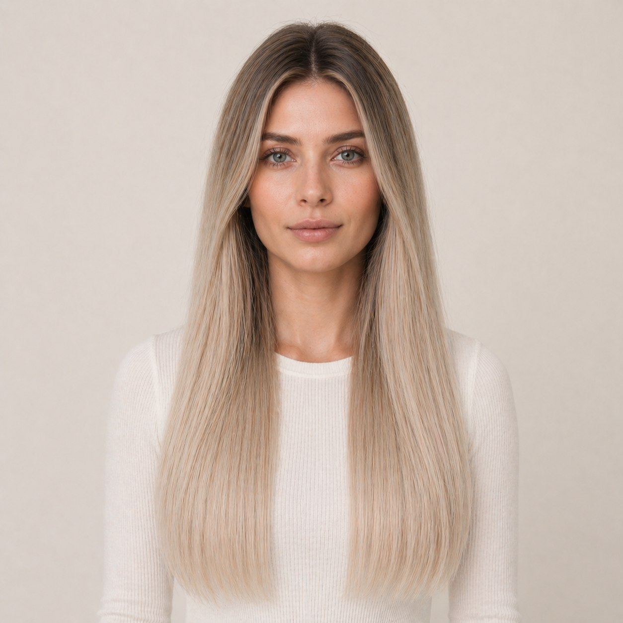 Model wearing Stessia butterfly weft hair extensions in shade #8A/10 Rooted, front view