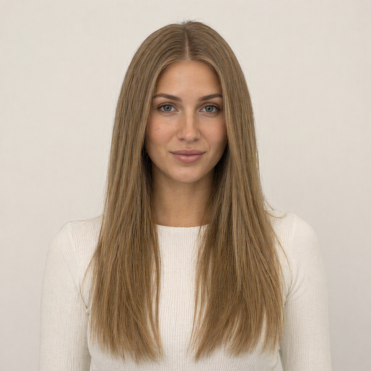 Model wearing Stessia butterfly weft hair extensions in shade #8 Medium Blonde, front view