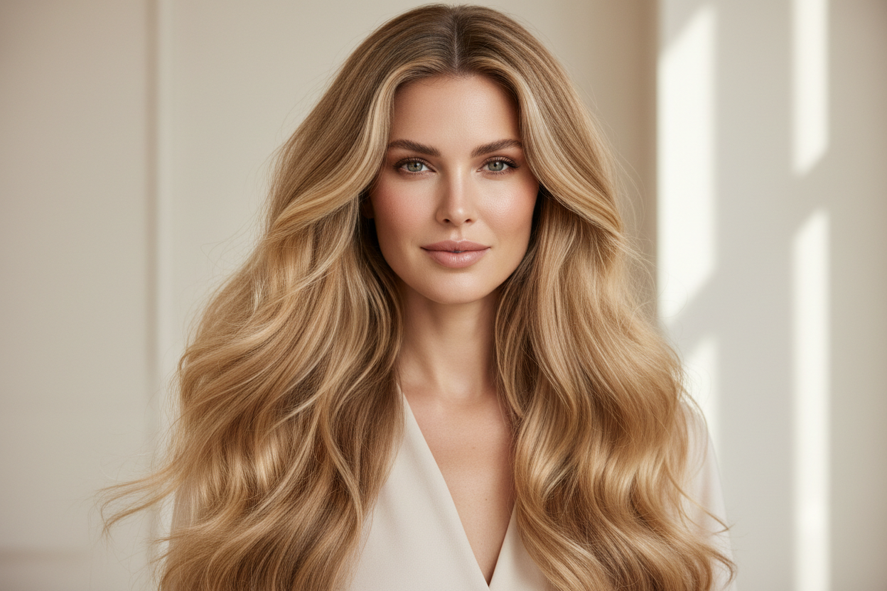 Modern premium beauty portrait of a woman with naturally voluminous long blonde hair with soft highlights, soft daylight, clean minimal background