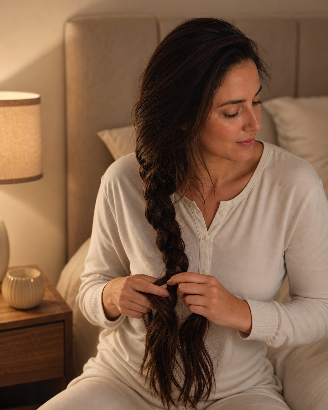 Woman loosely braiding her long dry hair before sleeping