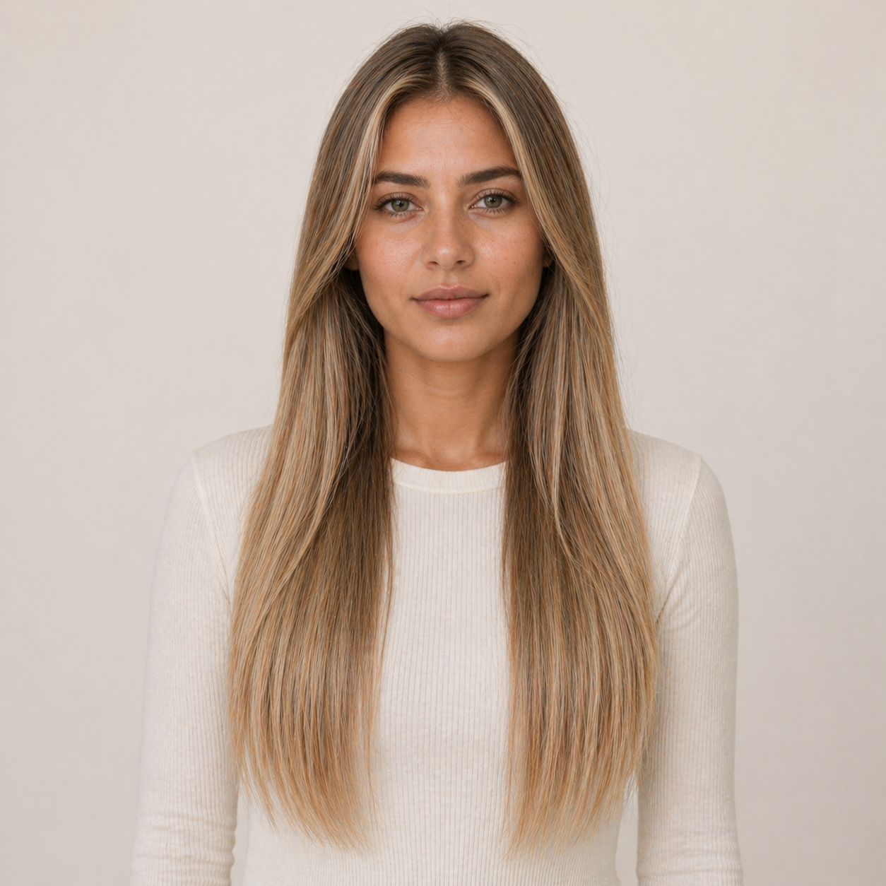 Model wearing Stessia butterfly weft hair extensions in shade #10/24 Balayage, front view