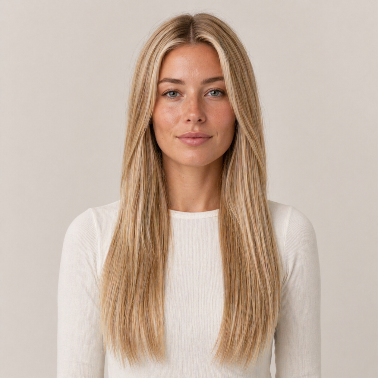 Model wearing Stessia butterfly weft hair extensions in shade #10/24 Highlights, front view