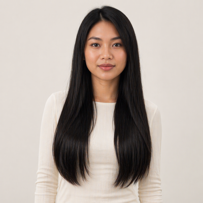 Model wearing Stessia butterfly weft hair extensions in shade #1A Natural Black, front view