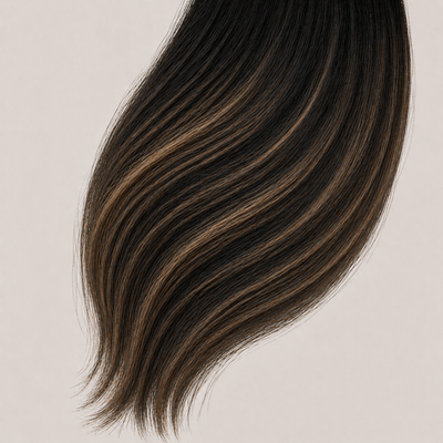 Stessia butterfly weft hair extensions in shade #1BT1B/4/Oak Balayage, laid flat