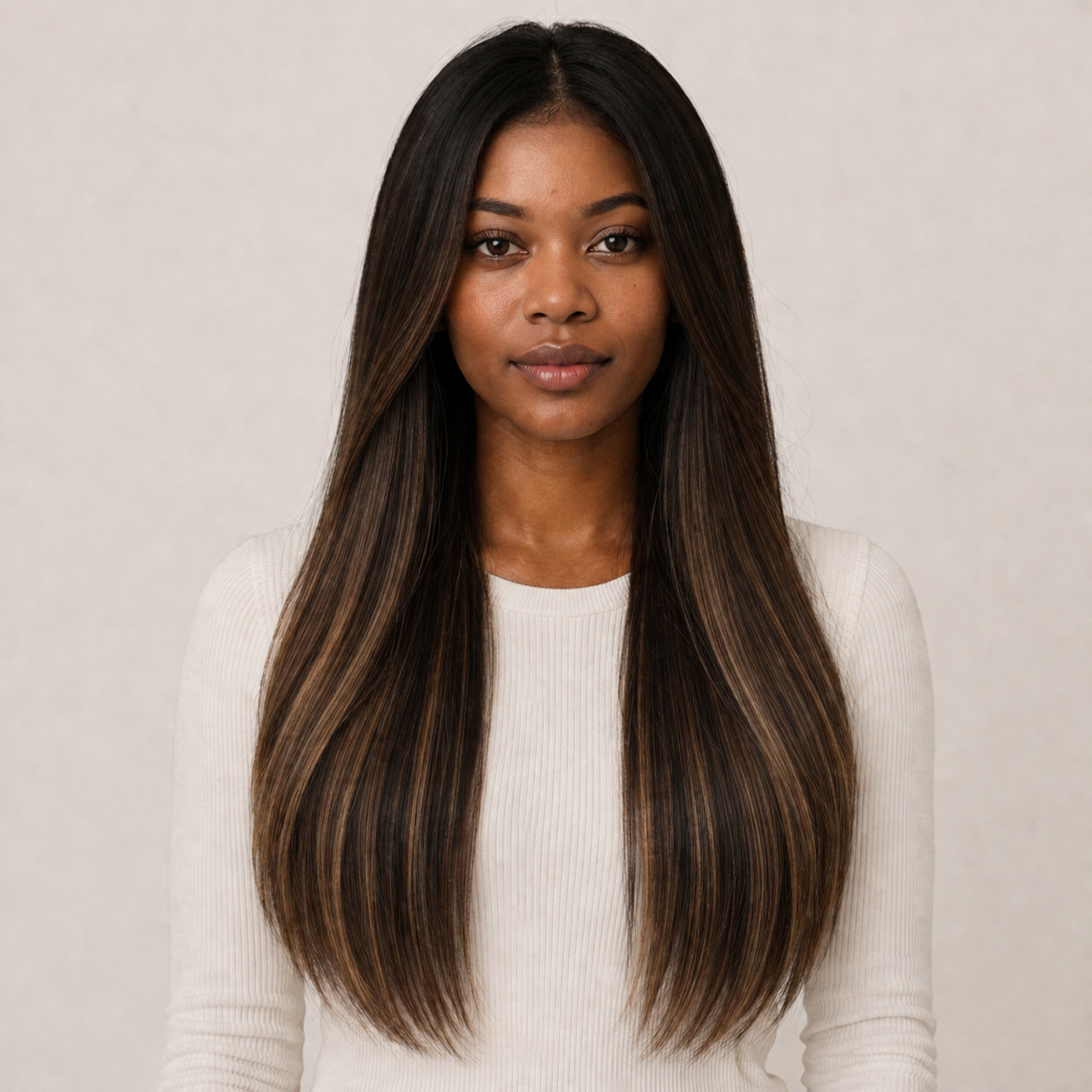 Model wearing Stessia butterfly weft hair extensions in shade #1BT1B/4/Oak Balayage, front view
