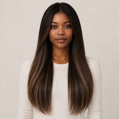 Model wearing Stessia butterfly weft hair extensions in shade #1BT1B/4/Oak Balayage, front view