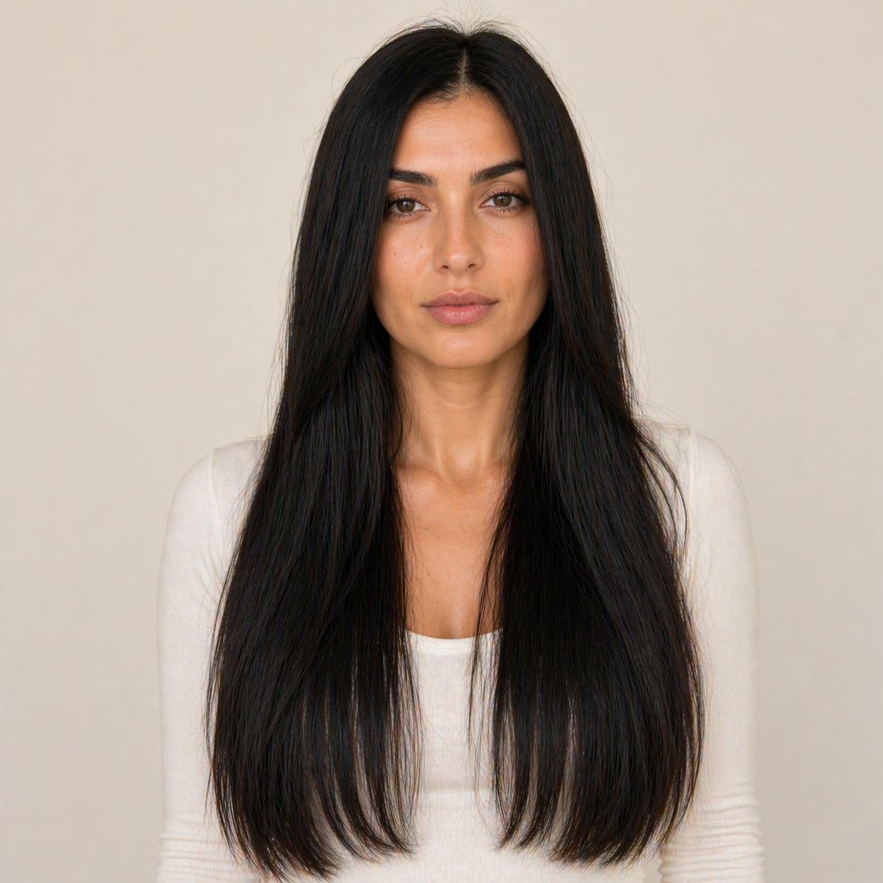 Model wearing Stessia butterfly weft hair extensions in shade #1B Brown Black, front view