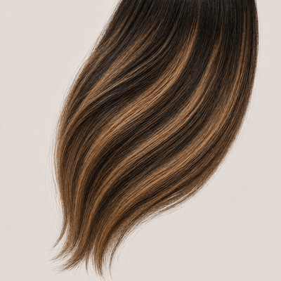 Stessia butterfly weft hair extensions in shade #1B/6 Balayage, laid flat