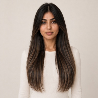 Model wearing Stessia butterfly weft hair extensions in shade #1B/6 Balayage, front view