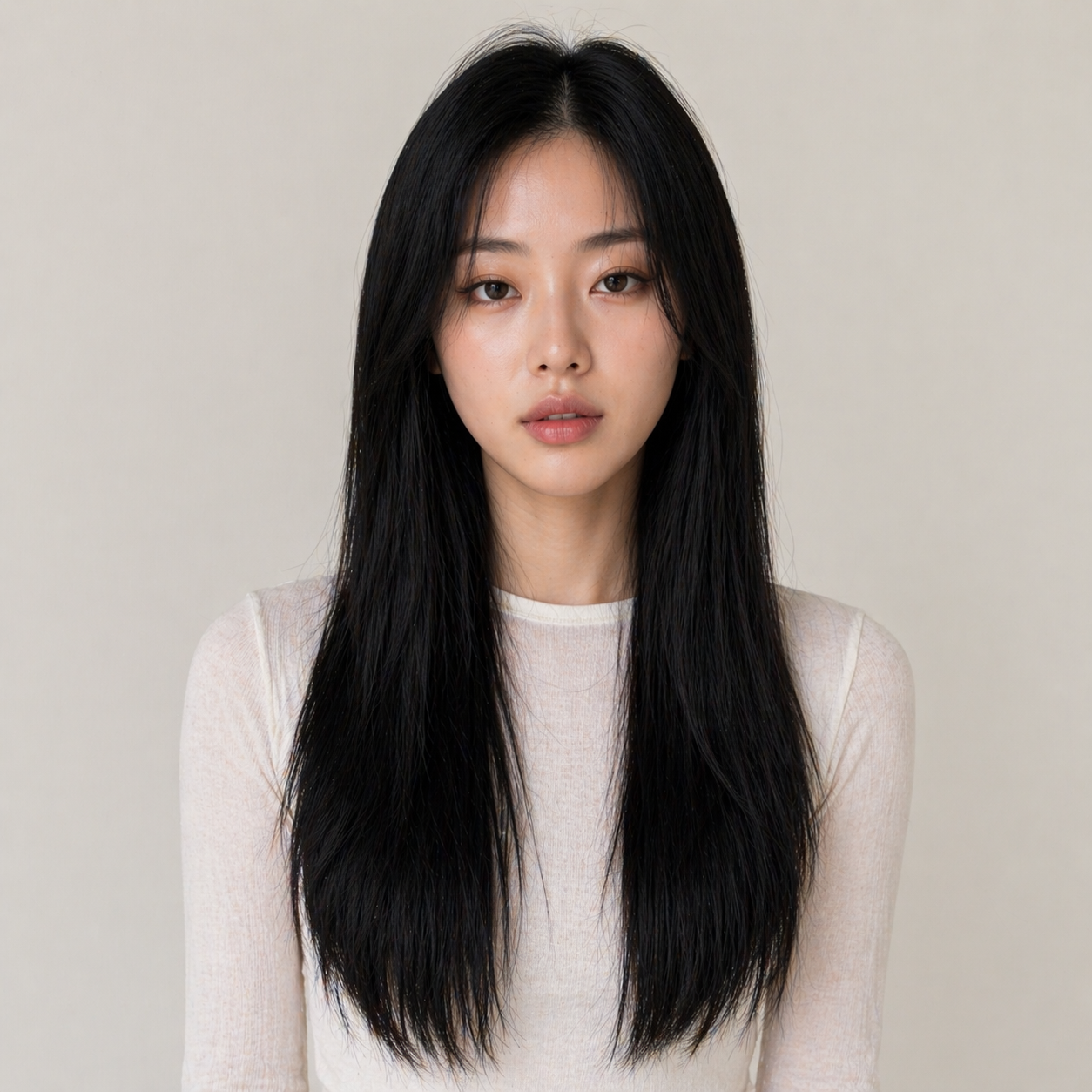 Model wearing Stessia butterfly weft hair extensions in shade #1 Jet Black, front view