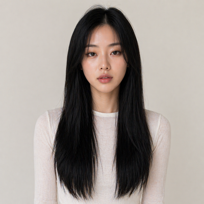Model wearing Stessia butterfly weft hair extensions in shade #1 Jet Black, front view