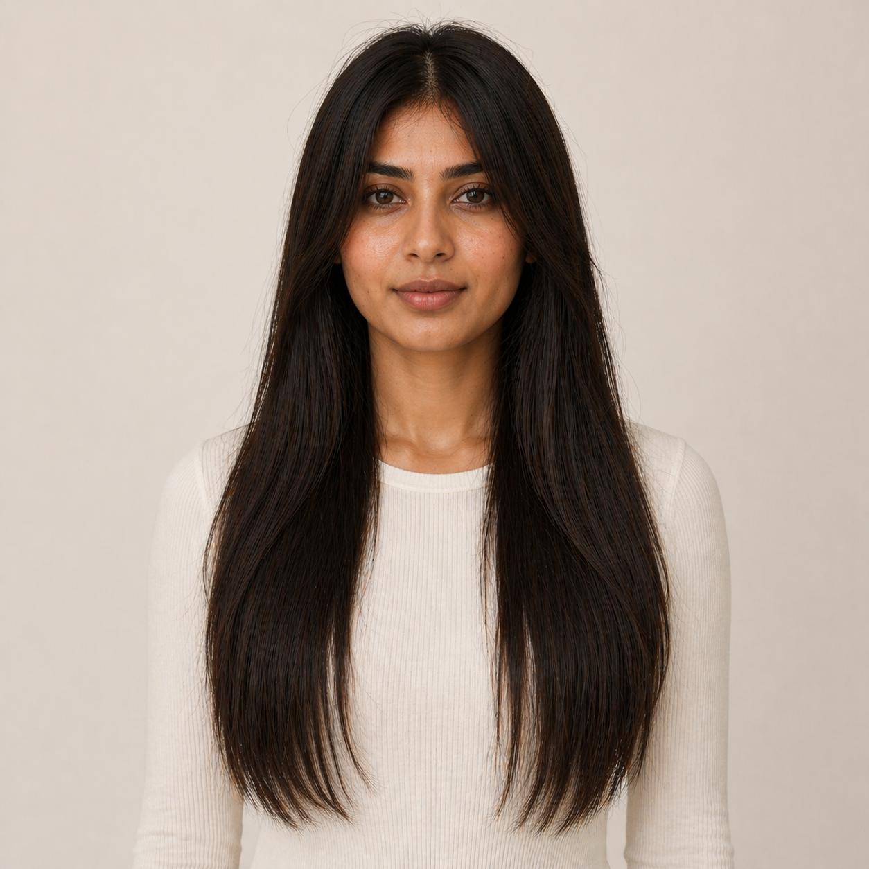 Model wearing Stessia butterfly weft hair extensions in shade #2 Black Brown, front view