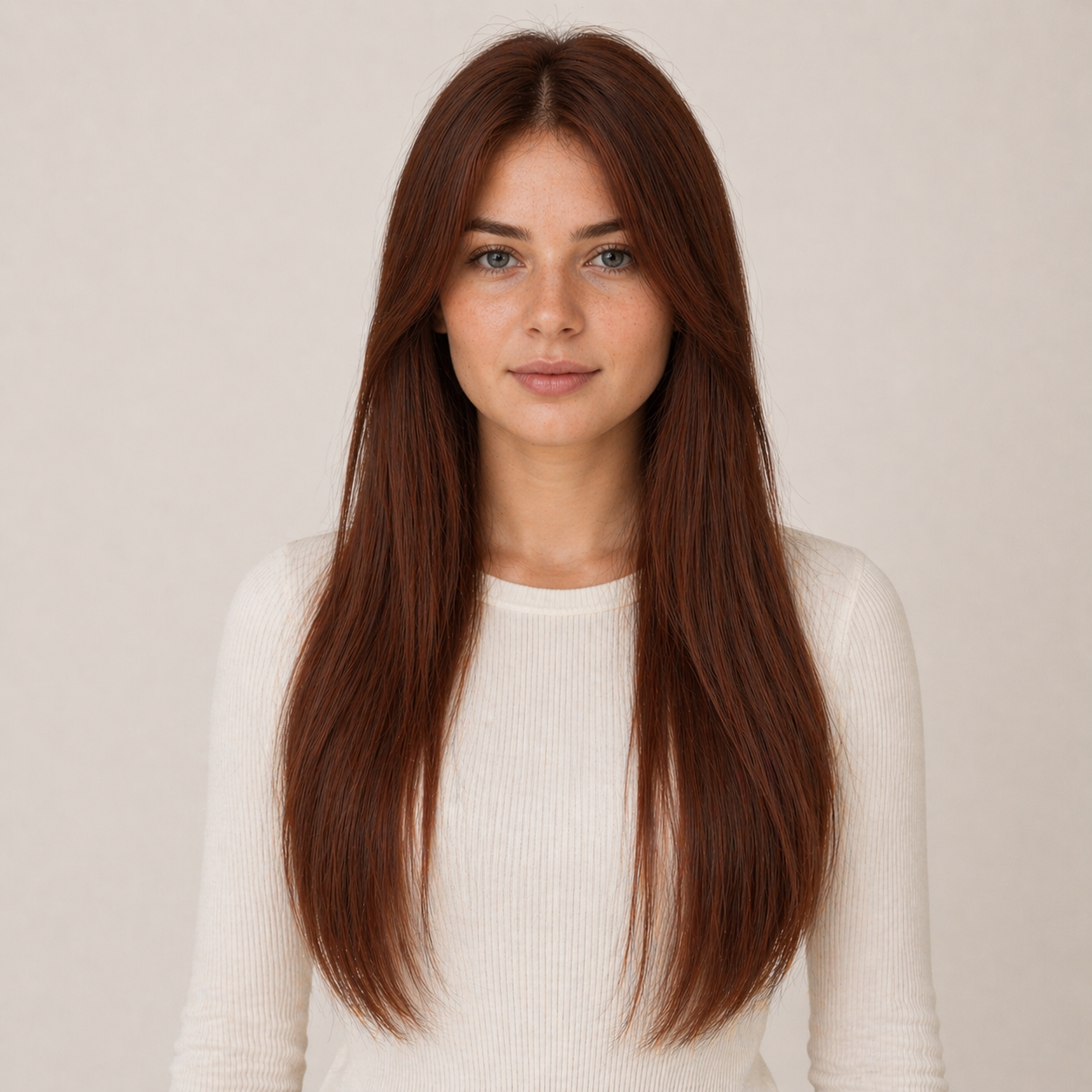 Model wearing Stessia butterfly weft hair extensions in shade #33 Auburn, front view