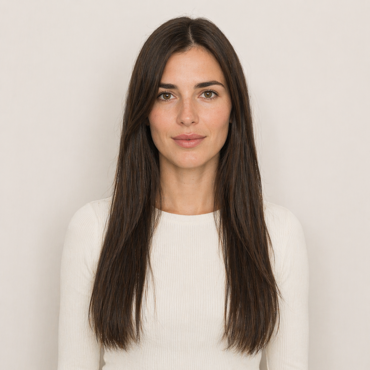 Model wearing Stessia butterfly weft hair extensions in shade #3 Dark Brown, front view