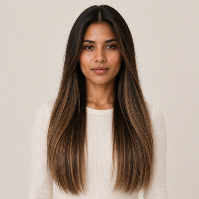Model wearing Stessia butterfly weft hair extensions in shade #3T8/613 Balayage, front view