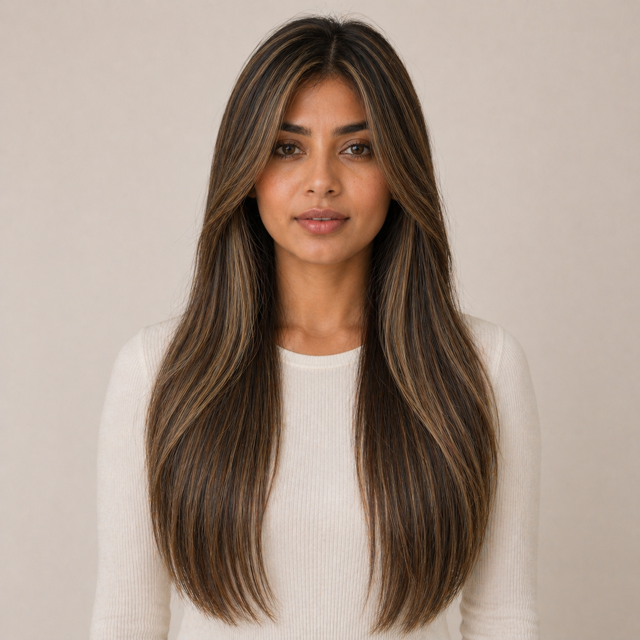 Model wearing Stessia butterfly weft hair extensions in shade #4/6 Highlights, front view