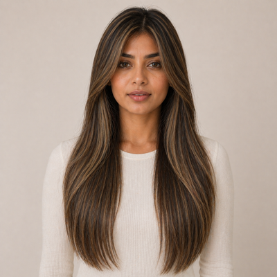 Model wearing Stessia butterfly weft hair extensions in shade #4/6 Highlights, front view