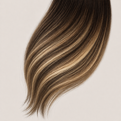 Stessia butterfly weft hair extensions in shade #4/8/18 Balayage, laid flat