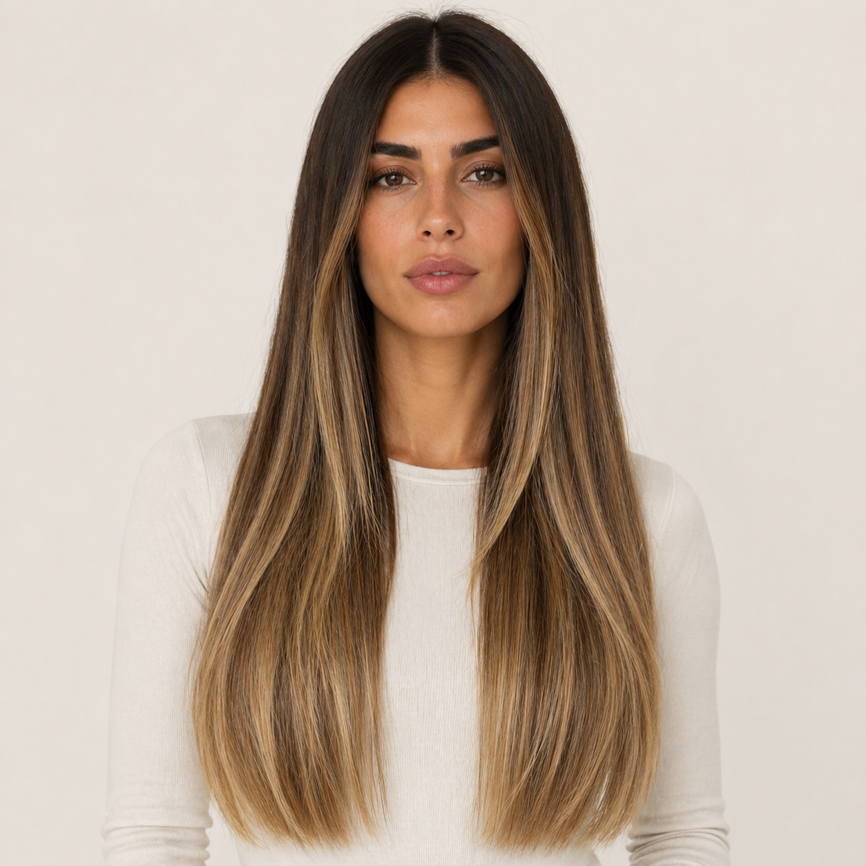 Model wearing Stessia butterfly weft hair extensions in shade #4/8/18 Balayage, front view