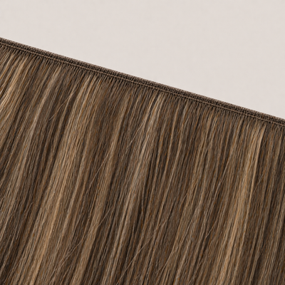 Flat butterfly weft seam of Stessia hair extensions in shade #4/8/18 Highlights