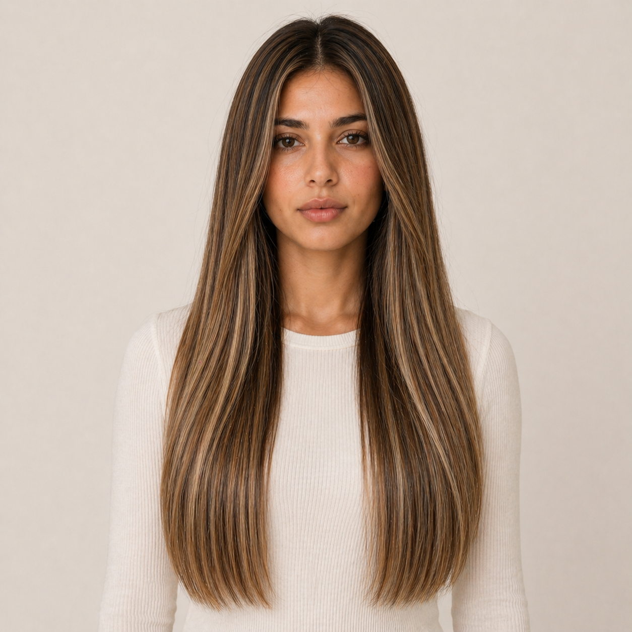 Model wearing Stessia butterfly weft hair extensions in shade #4/8/18 Highlights, front view