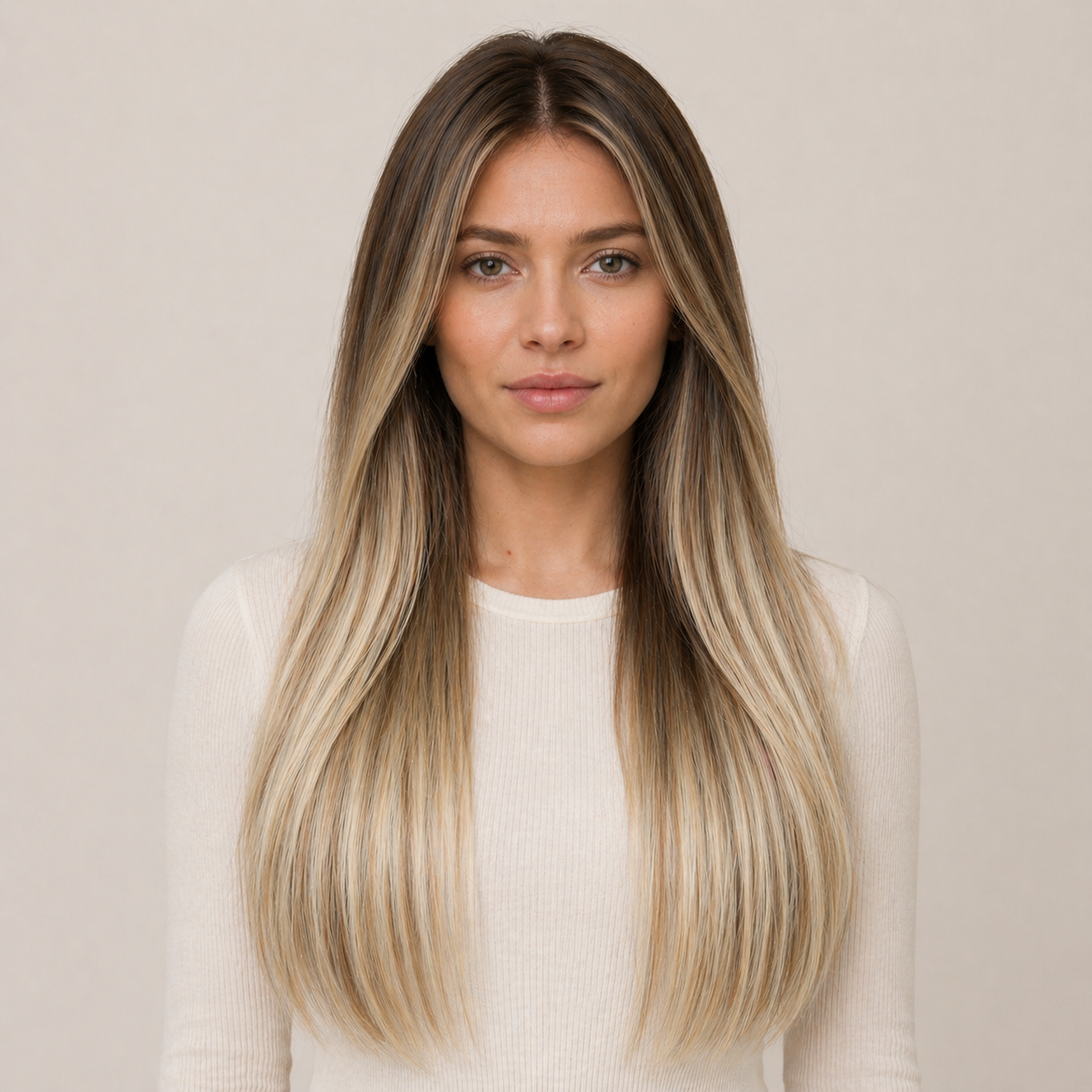 Model wearing Stessia butterfly weft hair extensions in shade #5A/613/18 Balayage, front view