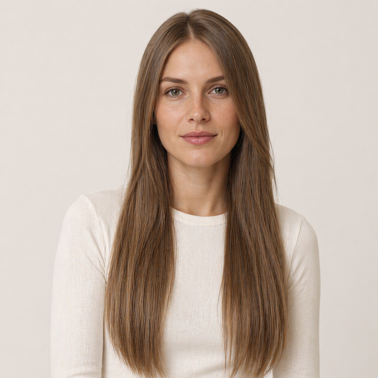 Model wearing Stessia butterfly weft hair extensions in shade #5 Light Brown, front view