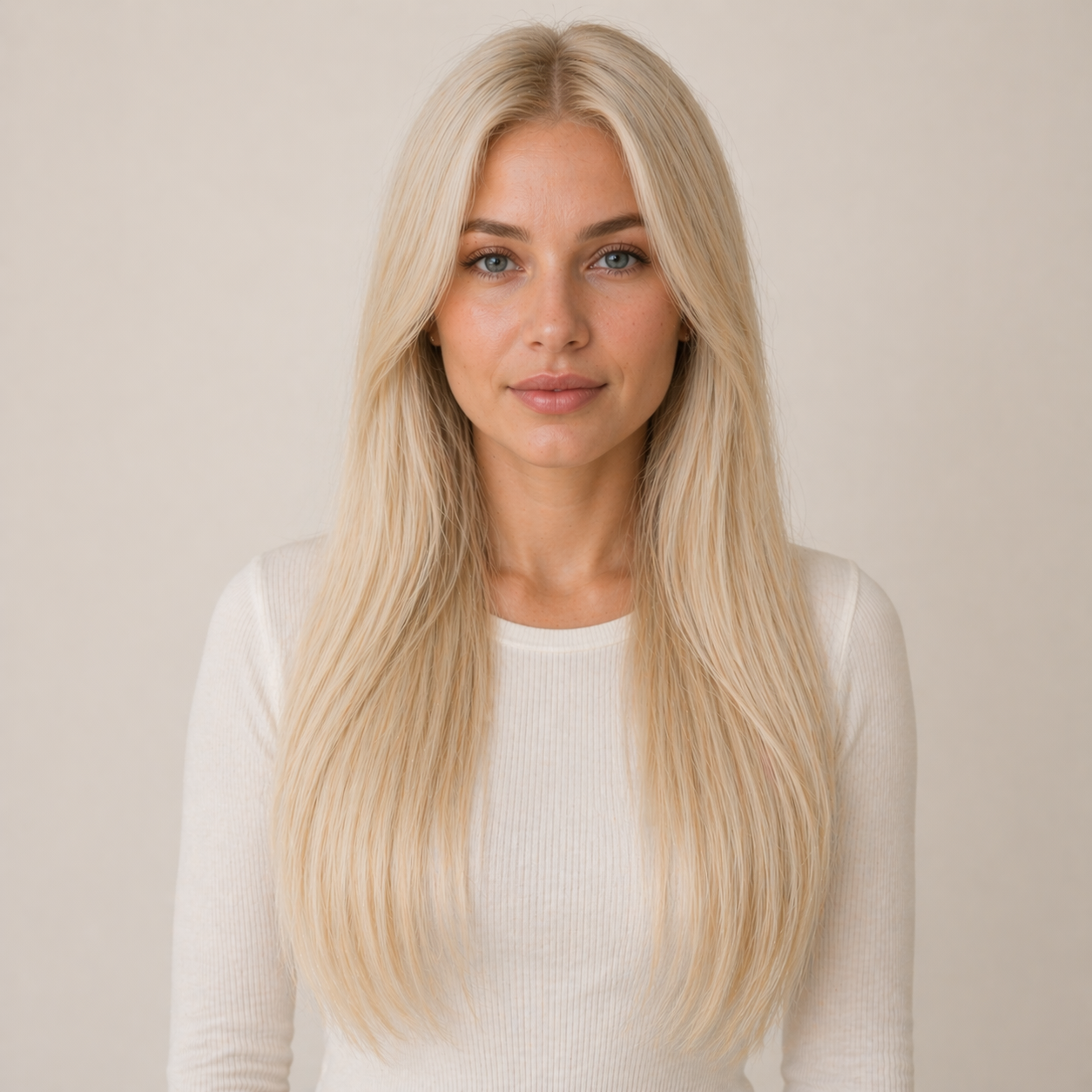 Model wearing Stessia butterfly weft hair extensions in shade #60 Platinum Blonde, front view