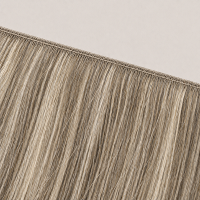 Flat butterfly weft seam of Stessia hair extensions in shade #6/24 Highlights