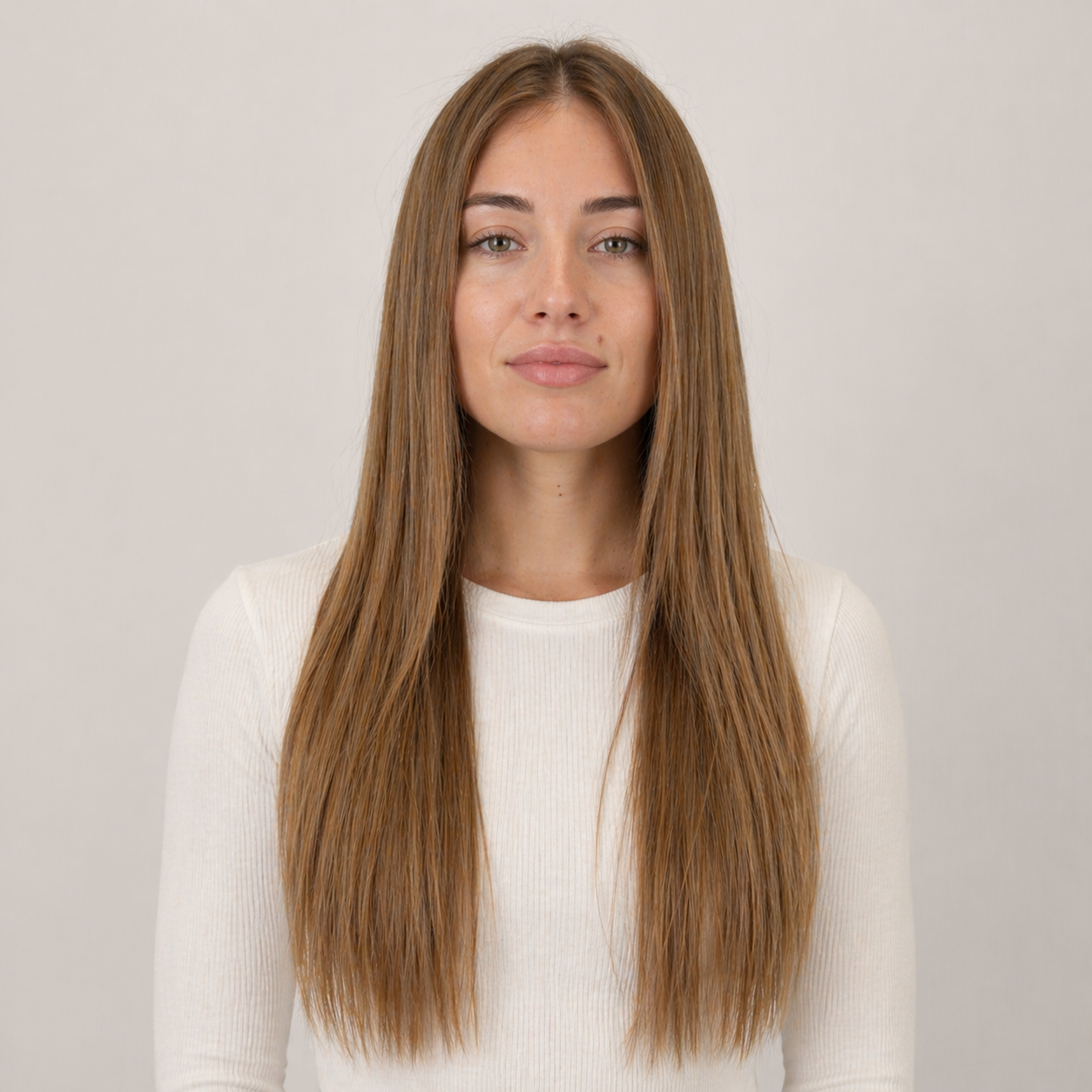 Model wearing Stessia butterfly weft hair extensions in shade #6 Dark Blonde, front view