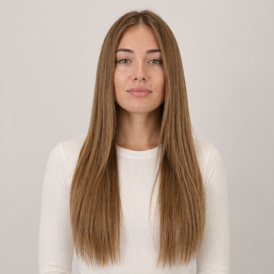 Model wearing Stessia butterfly weft hair extensions in shade #6 Dark Blonde, front view