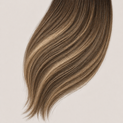 Stessia butterfly weft hair extensions in shade #6/6T24 Balayage, laid flat