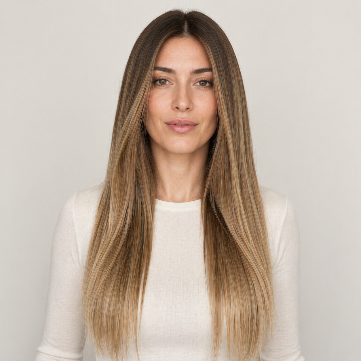 Model wearing Stessia butterfly weft hair extensions in shade #6/6T24 Balayage, front view
