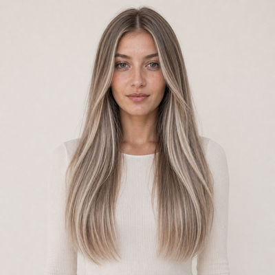 Model wearing Stessia butterfly weft hair extensions in shade #7A/613/18A Balayage, front view