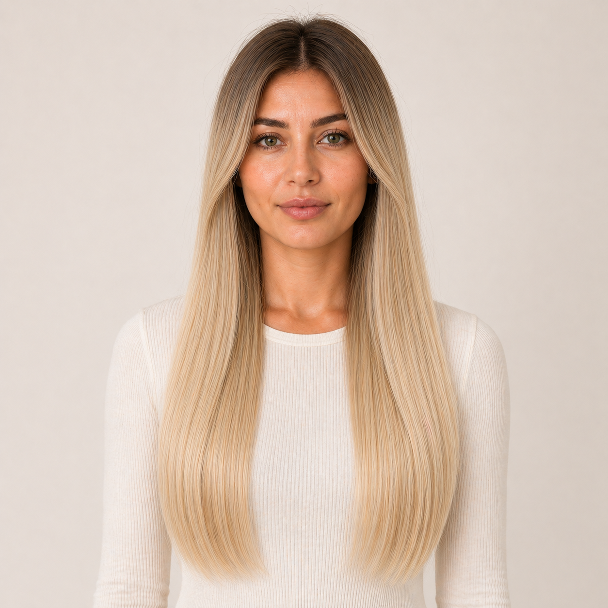 Model wearing Stessia butterfly weft hair extensions in shade #8T60 Rooted, front view