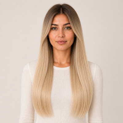 Model wearing Stessia butterfly weft hair extensions in shade #8T60 Rooted, front view