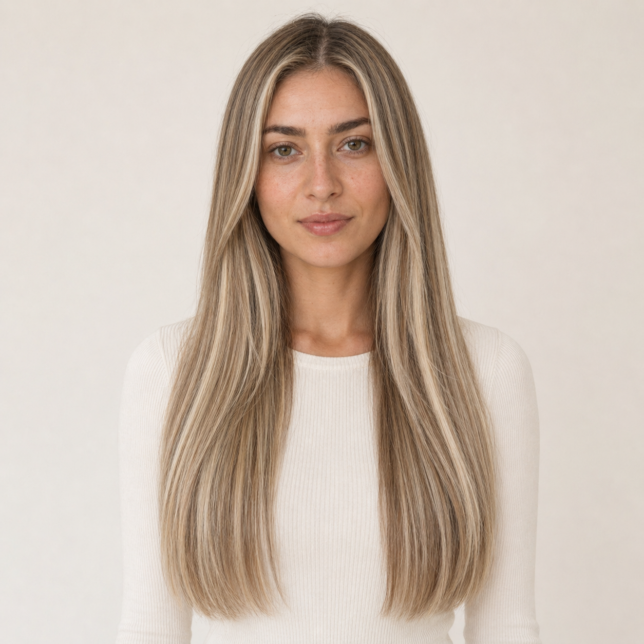 Model wearing Stessia butterfly weft hair extensions in shade #8/613 Highlights, front view