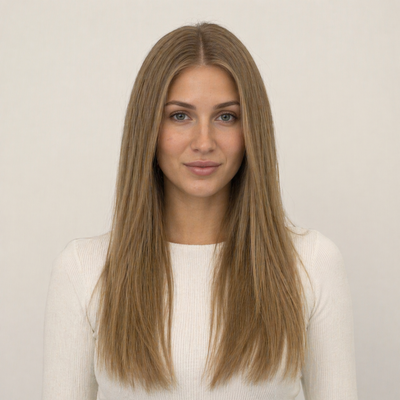 Model wearing Stessia butterfly weft hair extensions in shade #8 Medium Blonde, front view