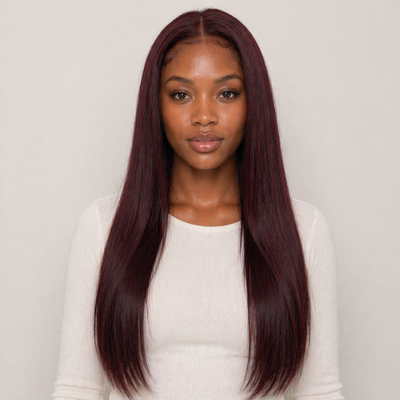 Model wearing Stessia butterfly weft hair extensions in shade #99J Burgundy, front view