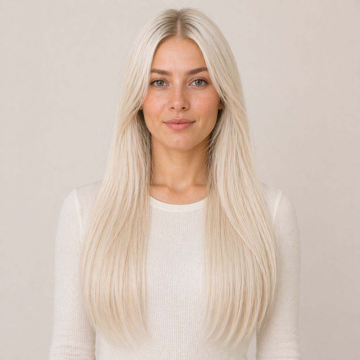 Model wearing Stessia butterfly weft hair extensions in shade #Ivory, front view