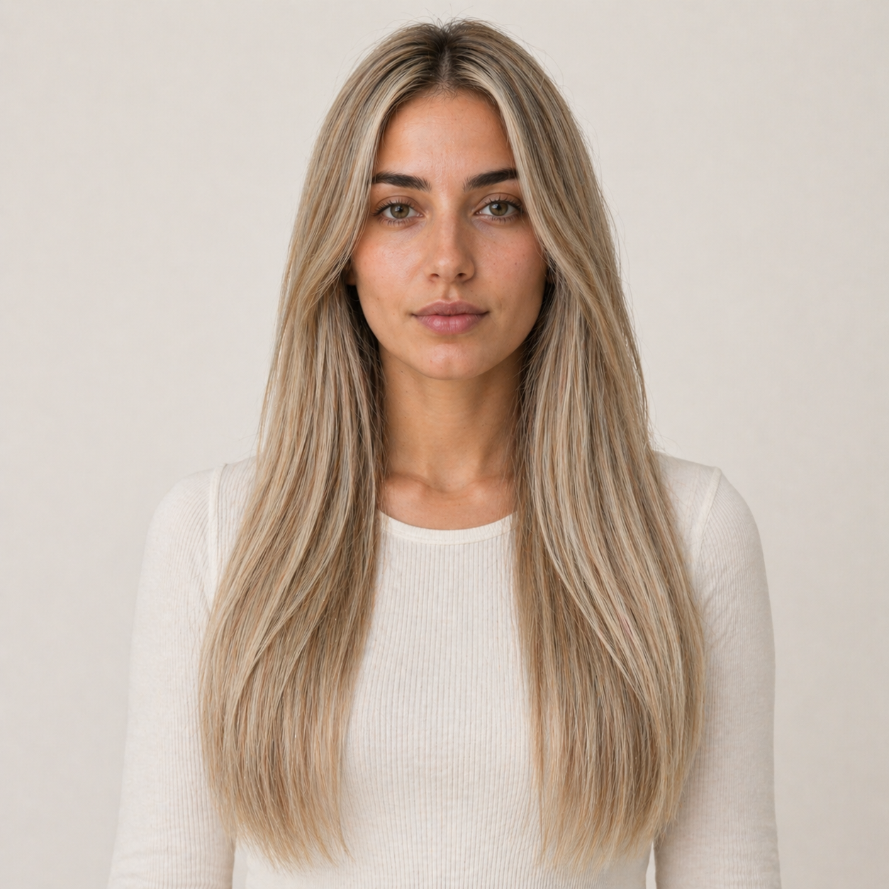 Model wearing Stessia butterfly weft hair extensions in shade #M18/613 Highlights, front view