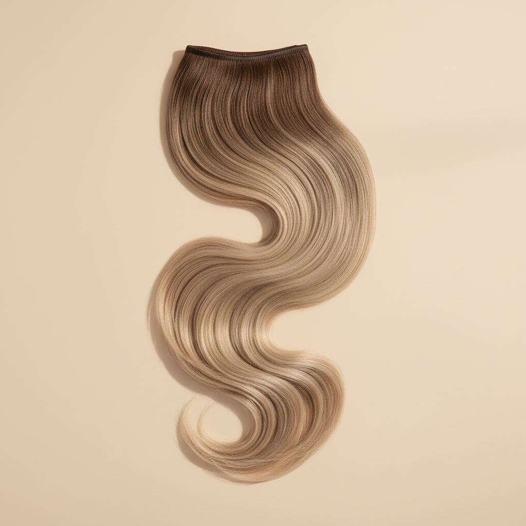 Photorealistic premium product image of a Butterfly Weft hair extension,
55 cm length with natural elegant fall,
medium brown base with beige blonde lengths,
soft blended transition with sunlit natural dimension,
smooth healthy texture and refined finish,
the weft gently curved in a natural shape,
minimal background in warm beige #f5f3ee,
soft daylight and subtle shadow,
clean calm composition, luxury beauty brand aesthetic,1:1