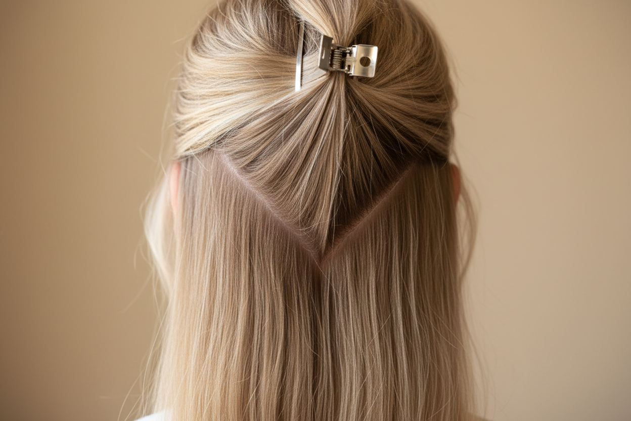 Photorealistic technical instructional image,
back view of a woman’s head focused on the nape,

natural blonde hair with visible lighter highlights,
beige-blonde tones with soft contrast,
healthy hair texture with dimension,

precise V-shaped diagonal parting at the nape,
parting lines parallel to the natural neckline,
upper hair section clipped up,
lower hair section left loose and straight,

clearly defined no-zones on both sides,
clean symmetrical sectioning,

soft daylight,
minimal background in warm be